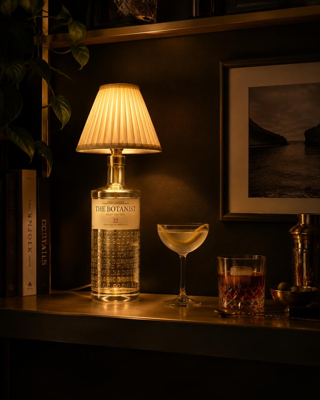 Home bar: Clear gin bottle on a bar shelf